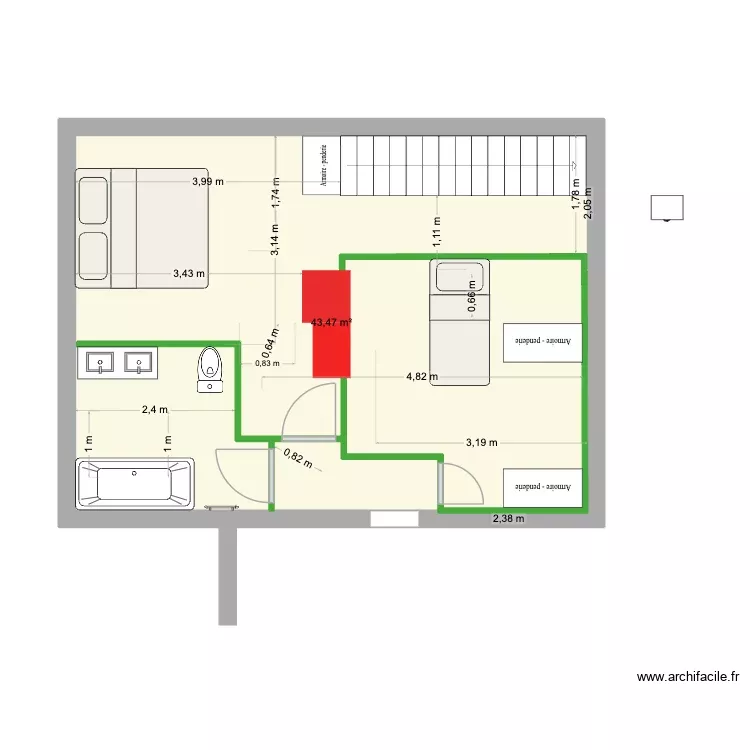 &eacute;tage essaie 20. Plan de 1 Pièce et 43 m²