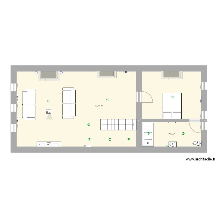 1ER. Plan de 2 pièces et 71 m2