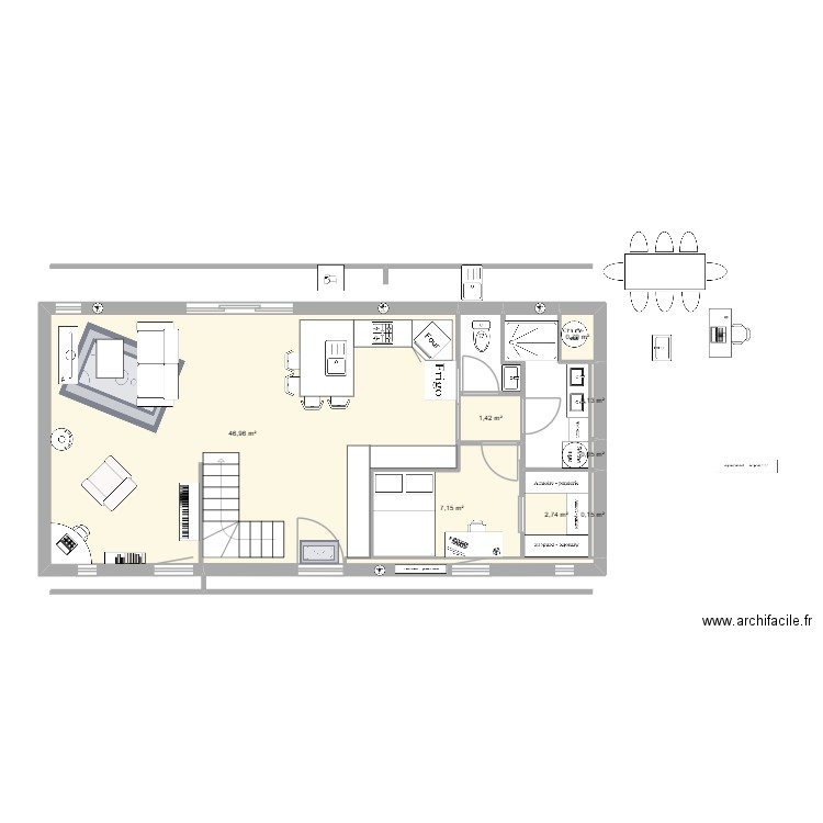 plan maison 2 RDC. Plan de 8 pièces et 59 m2