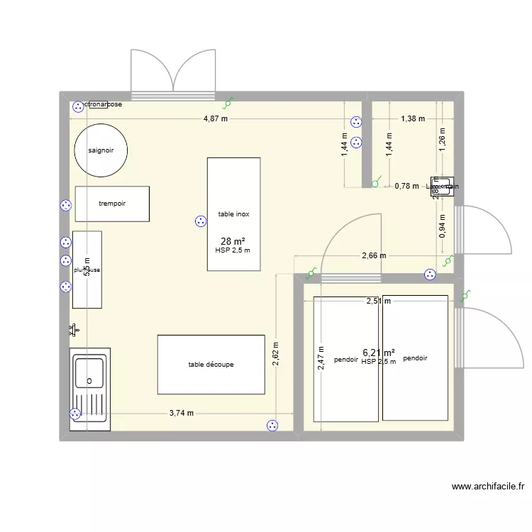 salle abattage. Plan de 2  et 34 m²