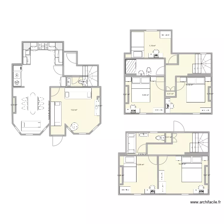 Revised Cottage layout with bath on to floor and shower on middle floor with furniture. Plan de 15  et 81 m²