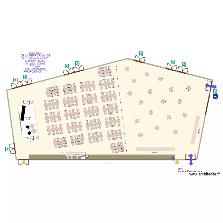 TROPHEE  DE LA PERFORMANCE  le 10 D&eacute;cembre 2026  Tables rectangulaires esp. Champagne PROPOSITION  : 7++. Plan de 1  et 584 m²