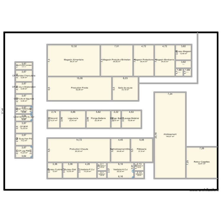Cuisine Centrale. Plan de 37 pièces et 923 m2