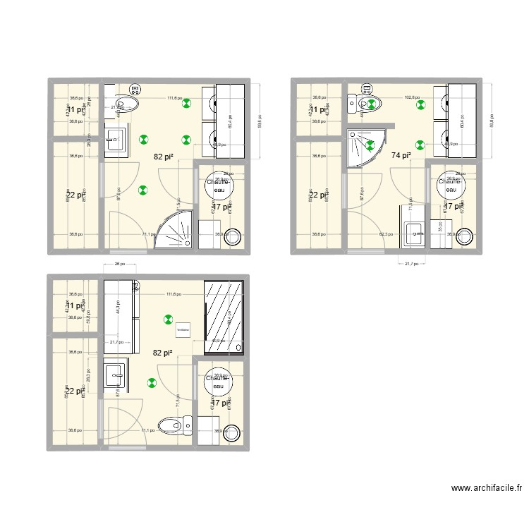 Salle de bain sous-sol. Plan de 12 pièces et 36 m2