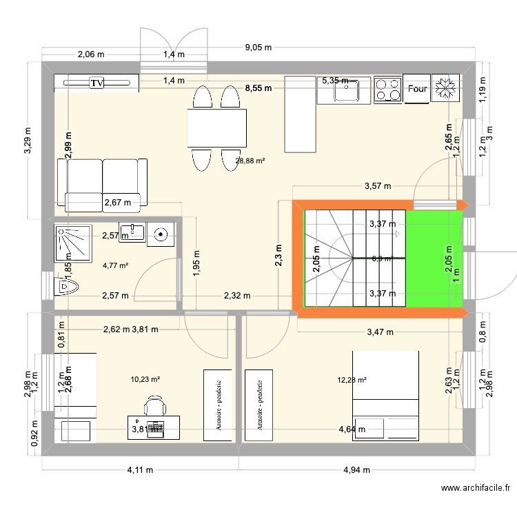 RDC Maison2 hésingue. Plan de 5 pièces et 63 m2