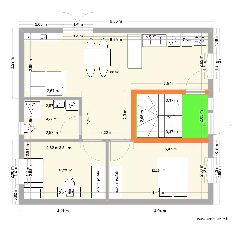 RDC Maison2 h&eacute;singue. Plan de 
