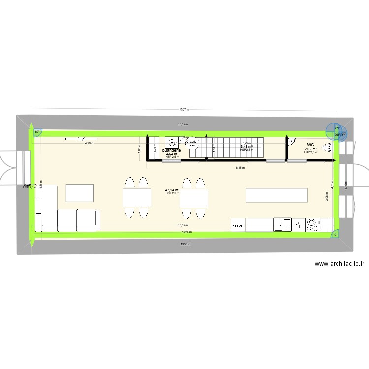 pierrette. Plan de 5 pièces et 55 m2