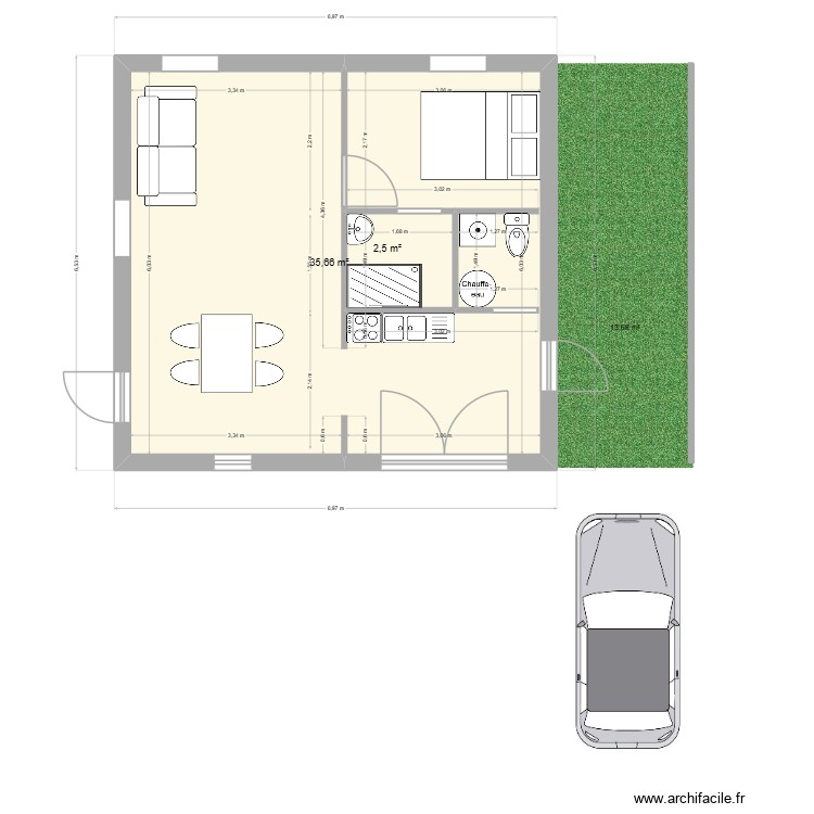 Donzère Garage 4. Plan de 2 pièces et 38 m2