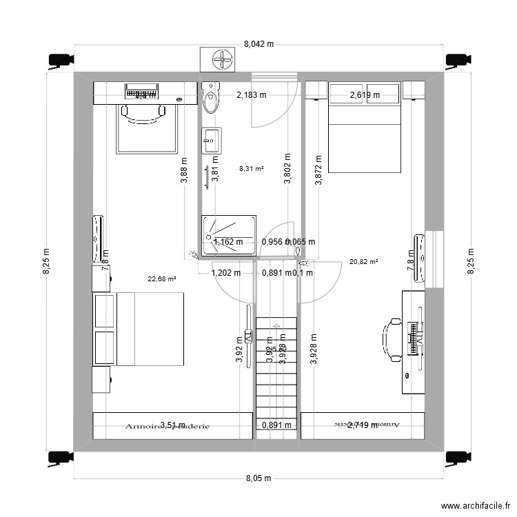 ETAGE. Plan de 4 pièces et 55 m2