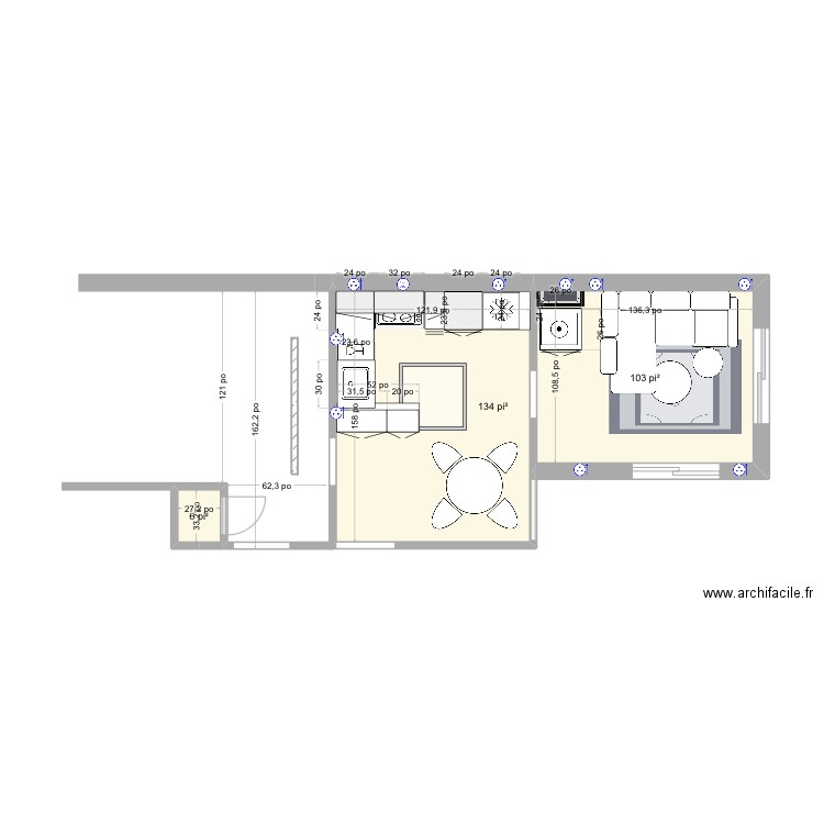 Cuisine milieu version 5. Plan de 3 pièces et 23 m2