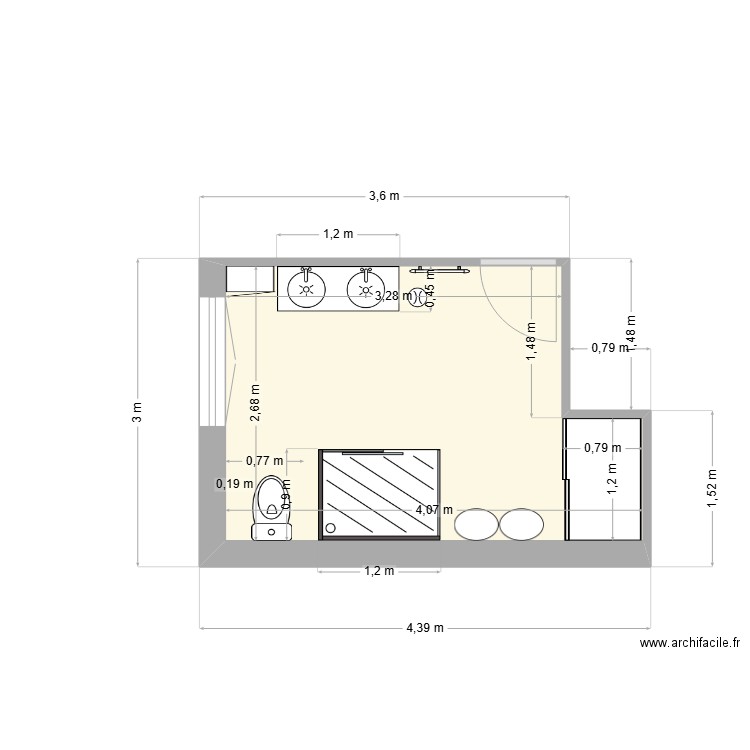 sdb rouillon. Plan de 1 pièce et 10 m2