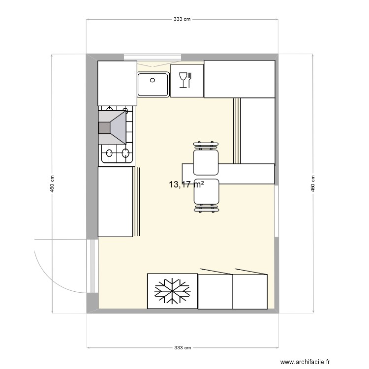 cuisine . Plan de 1 pièce et 13 m2