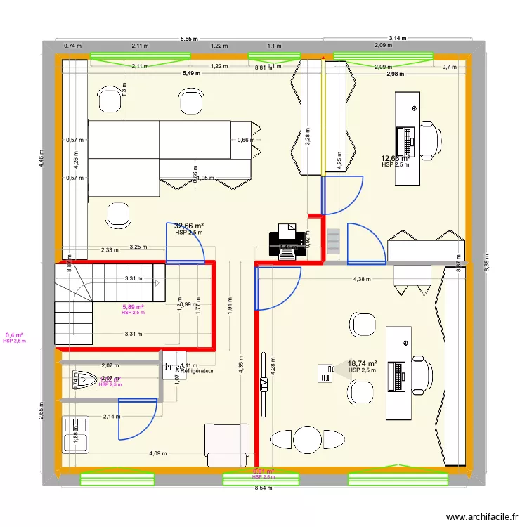 bureau. Plan de 7  et 72 m²