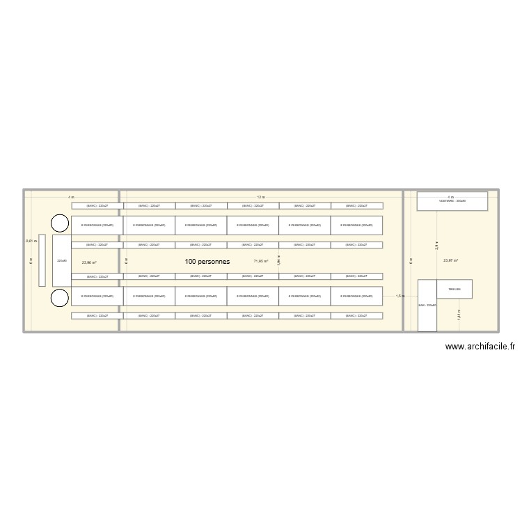 CONFIGURATION 100 PERSONNES. Plan de 3 pièces et 120 m2