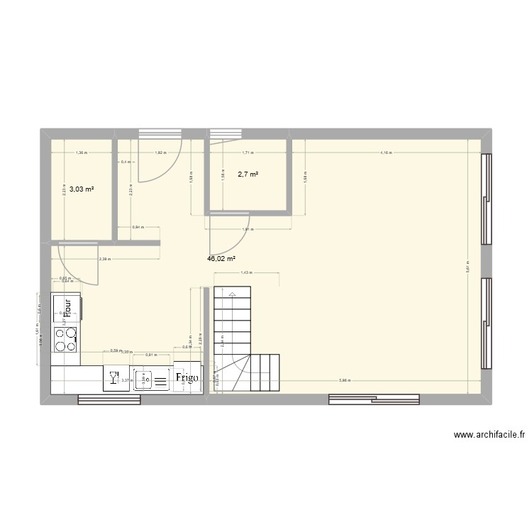 cuisine RDC. Plan de 3 pièces et 52 m2