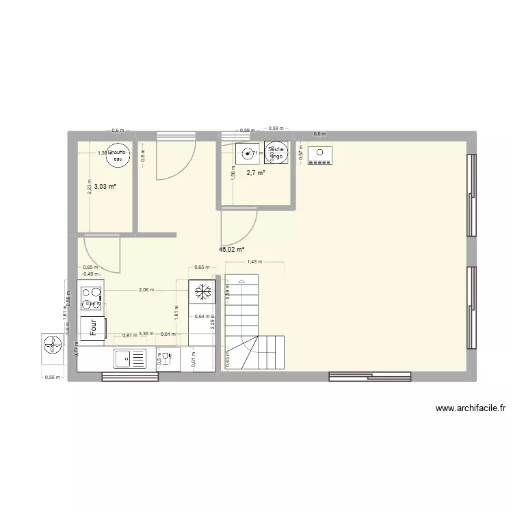 cuisine RDC. Plan de 3 pièces et 52 m²