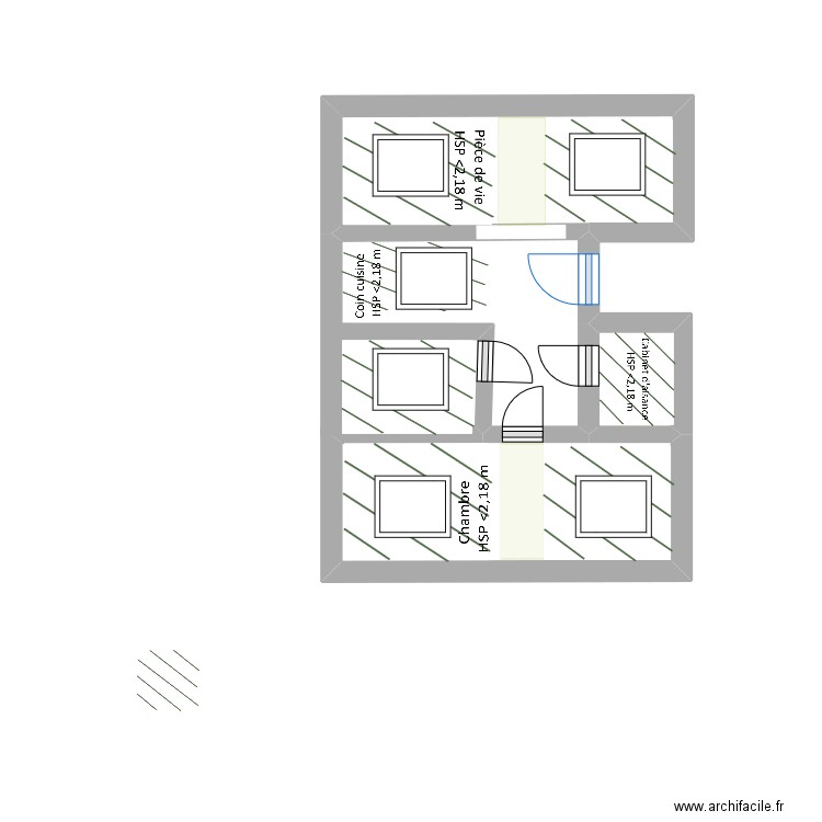 3 valentine. Plan de 3 pièces et 8 m2