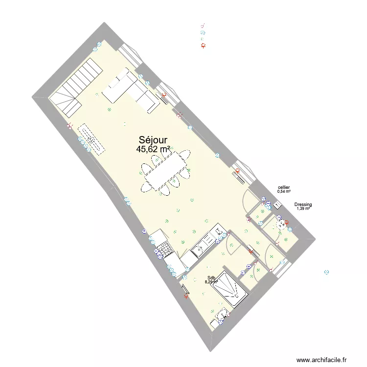 Grange V2 escalier Mars 2026 ELECTRICITE sans cotes. Plan de 4  et 56 m²
