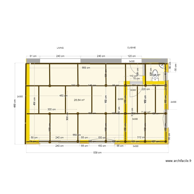Projet Baton V5 vue pieux pilotis + gites autoclave. Plan de 3 pièces et 35 m2