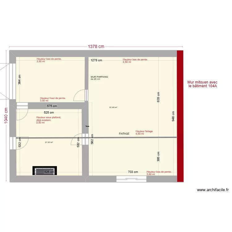 104 B brut cot&eacute; int/ext +HP. Plan de 