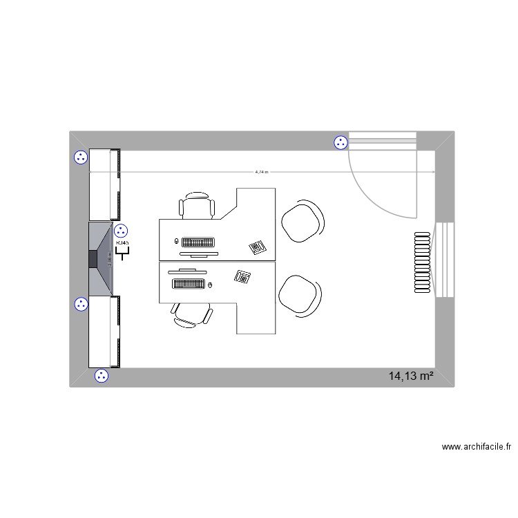 bureau. Plan de 1 pièce et 14 m2