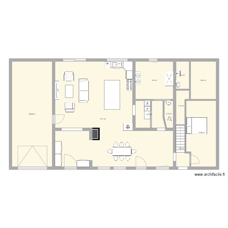 grande piece. Plan de 10 pièces et 185 m2