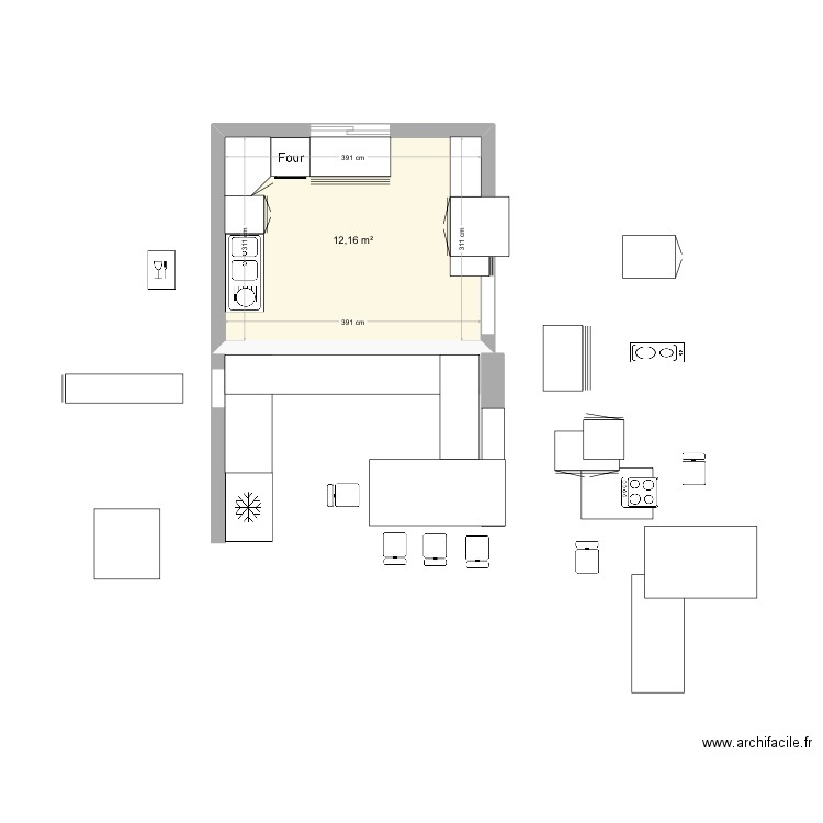 Cuisine place normalr. Plan de 1 pièce et 12 m2