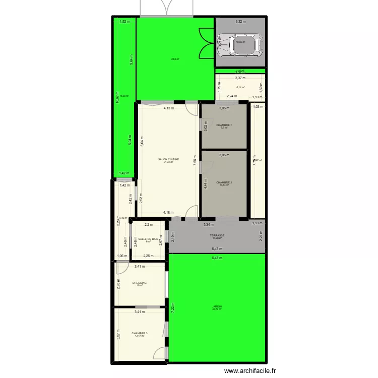 maison apr&egrave;s modification. Plan de 15 pièces et 220 m²
