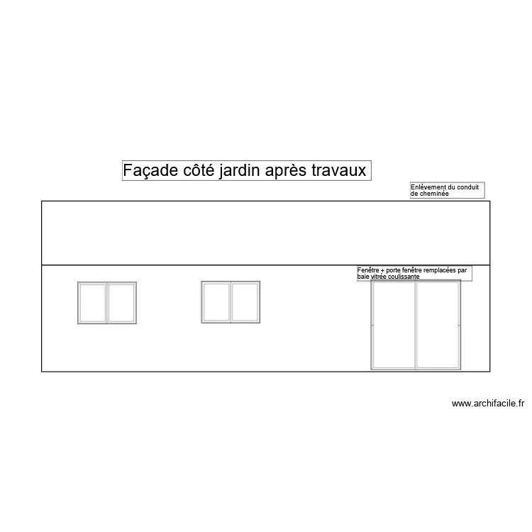 Fa&ccedil;ade c&ocirc;t&eacute; jardin apr&egrave;s travaux. Plan de 