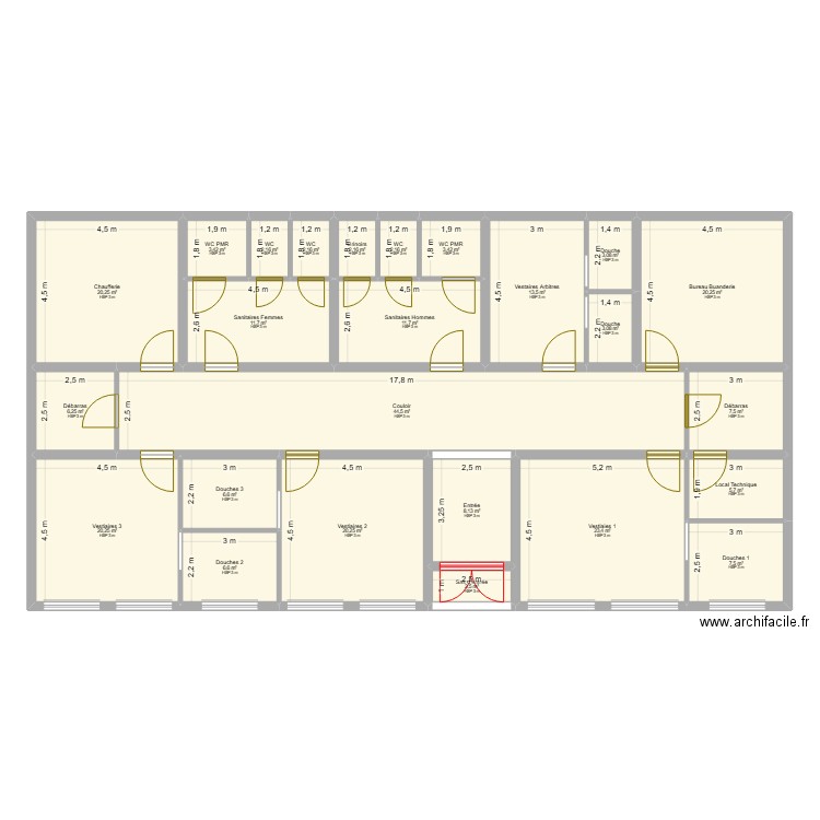 vestiaires. Plan de 25 pièces et 258 m2