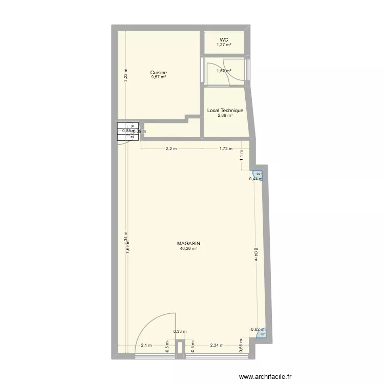 Local chez poupou. Plan de 7  et 57 m²