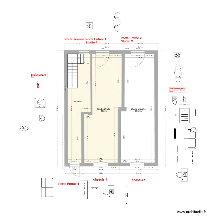 immeuble 1 RDC V2 2 studios. Plan de 3 pièces et 60 m2