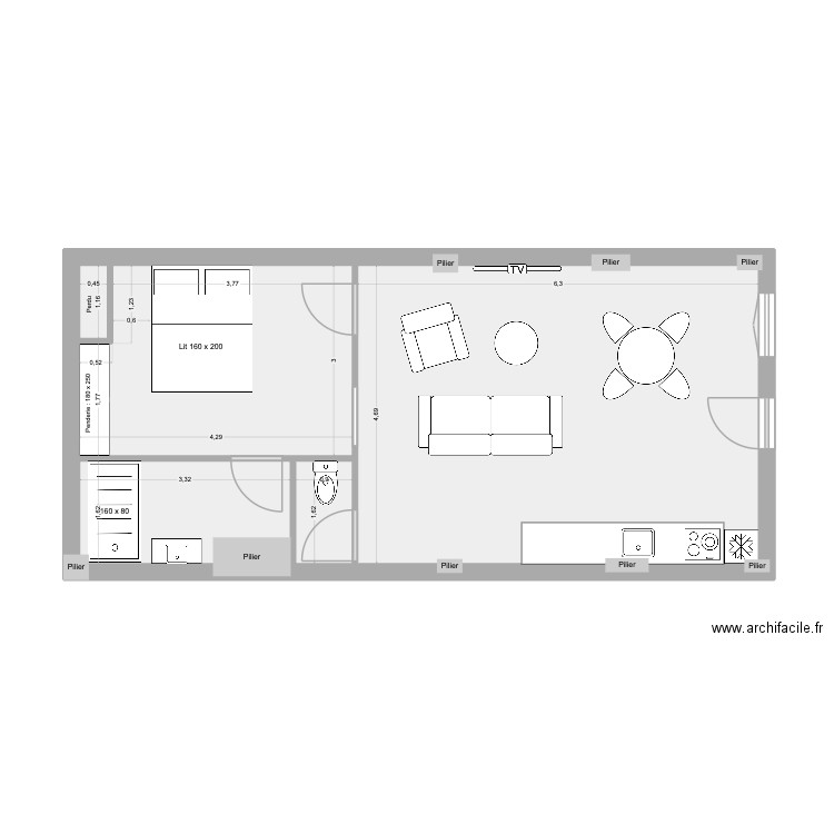 CH RDC. Plan de 5 pièces et 49 m2