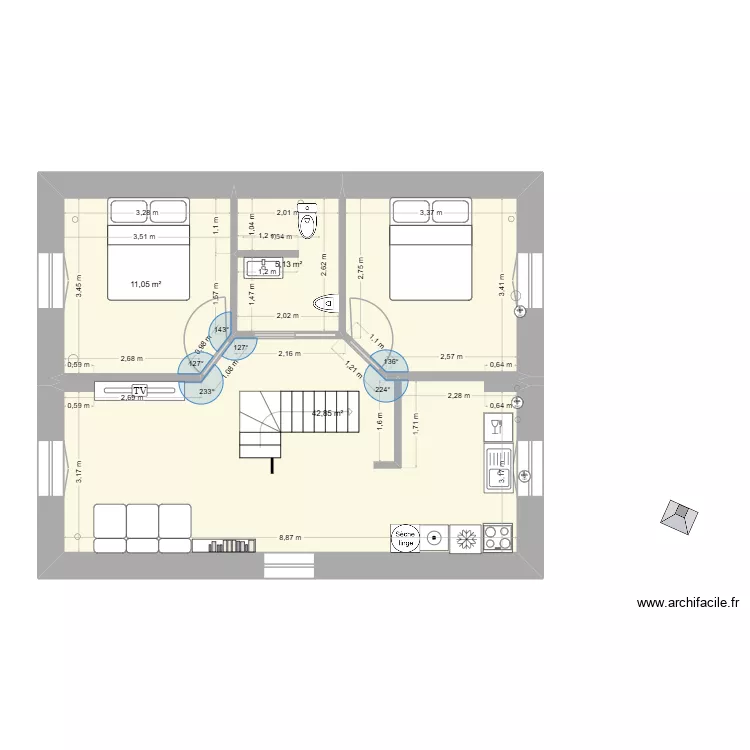 ETAGE V5. Plan de 3 Pièces et 59 m²