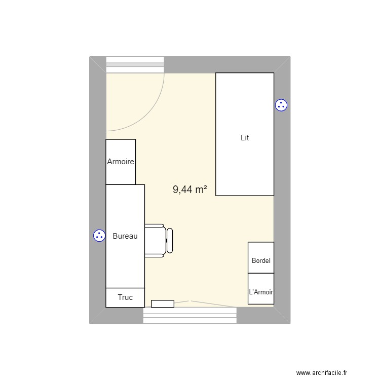 Tiblouk Chambre ReWork. Plan de 1 pièce et 9 m2