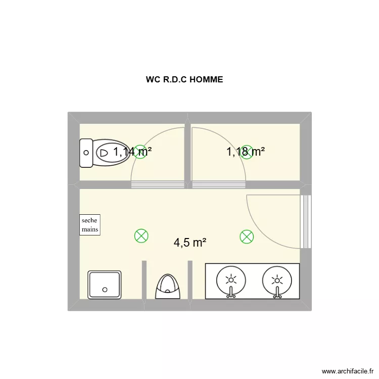 WC R.D.C HOMME. Plan de 3  et 7 m²