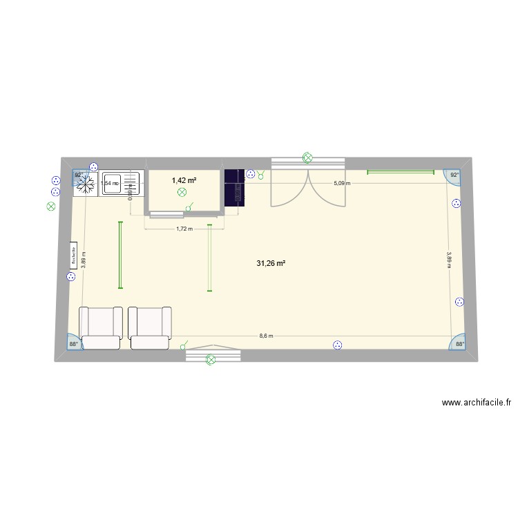 dep12. Plan de 2 pièces et 33 m2