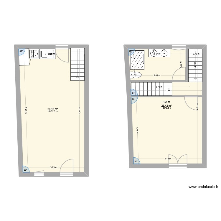 sauvebouef. Plan de 2 pièces et 57 m2