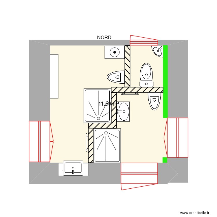 2 Salles de bain + WC. Plan de 1 pièce et 12 m2