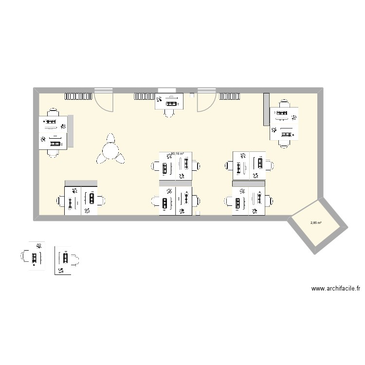 Bureau sans table. Plan de 2 pièces et 83 m2