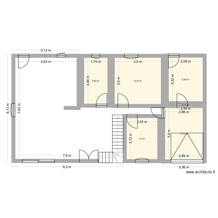 Rdc. Plan de 6 pièces et 46 m2