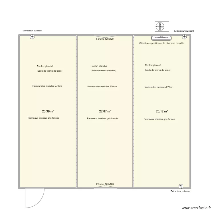 Tennis de table. Plan de 3  et 69 m²