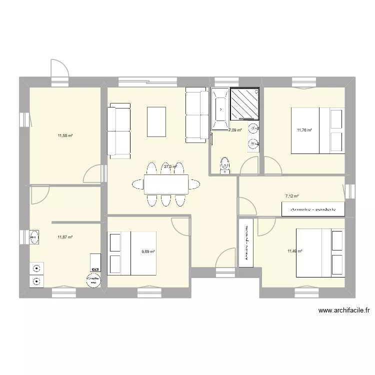 Salon en L 2.0. Plan de 8  et 98 m²