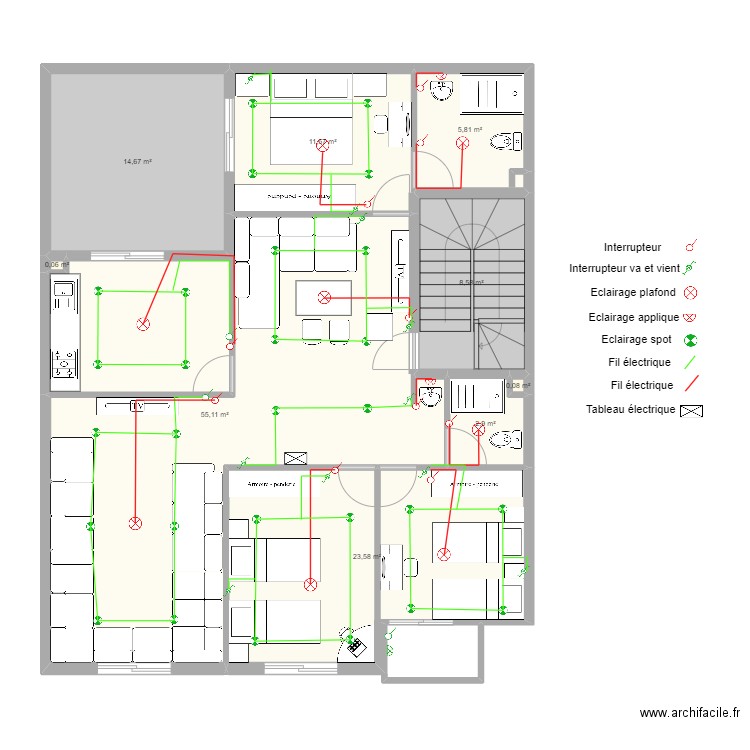 ETAGE PLAN ELECTRICITE ECLAIRAGE. Plan de 9 pièces et 122 m2