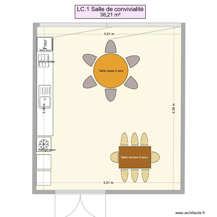 Salle de convivilit&eacute;. Plan de 1  et 38 m²