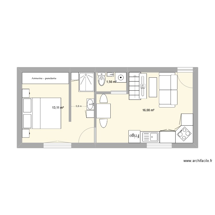 Studio haut. Plan de 3 pièces et 31 m2