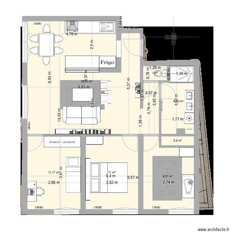 Appart tram calypso 14etage 5-05-25 avec meubles. Plan de 7 pièces et 77 m2