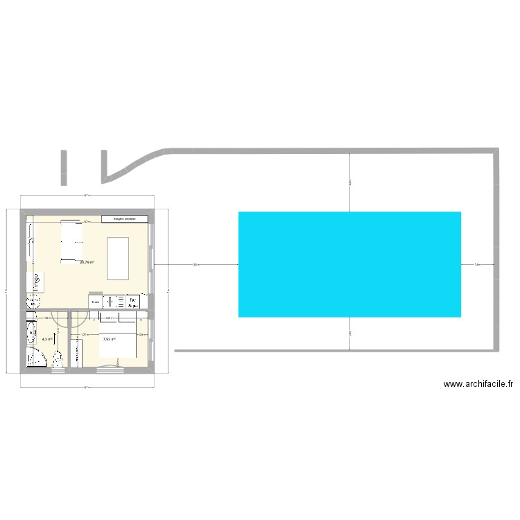 Pool house - plain pied. Plan de 4 pièces et 65 m2