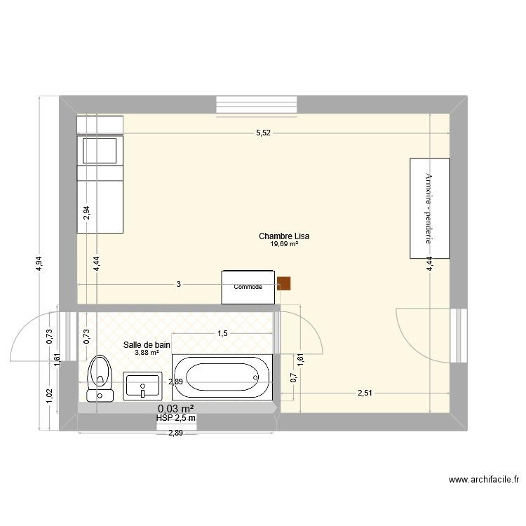 Etage Les Etilleux. Plan de 3 pièces et 24 m2