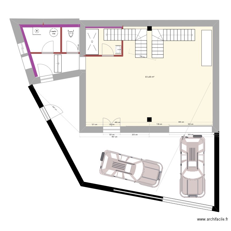 Plan RDC  deux escaliers quart tournant. Plan de 1 pièce et 61 m2